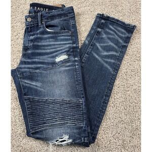American Eagle Mens Stacked‎ Skinny Airflex Moto Jeans Distressed Measures 32x36
